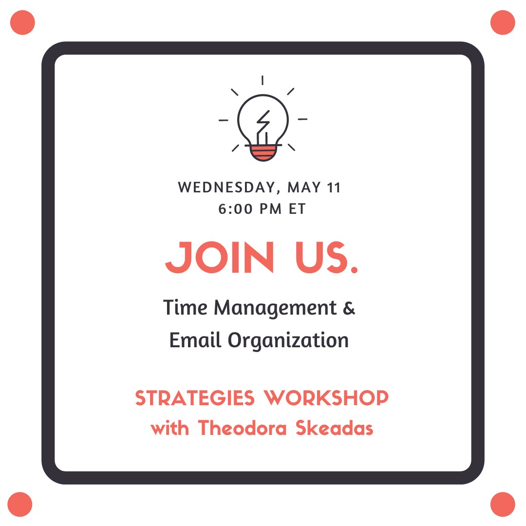 theodoraskeadas's tweet photo. Want to reach inbox zero and have more time in your day? Join us this Wednesday at 6 PM ET for a free one-hour workshop on strategies around time management and email organization! 

RSVP here: https://t.co/2EvF4OoqJA 

#TimeManagement #Organizing #InboxZero https://t.co/cOILLNeJcE