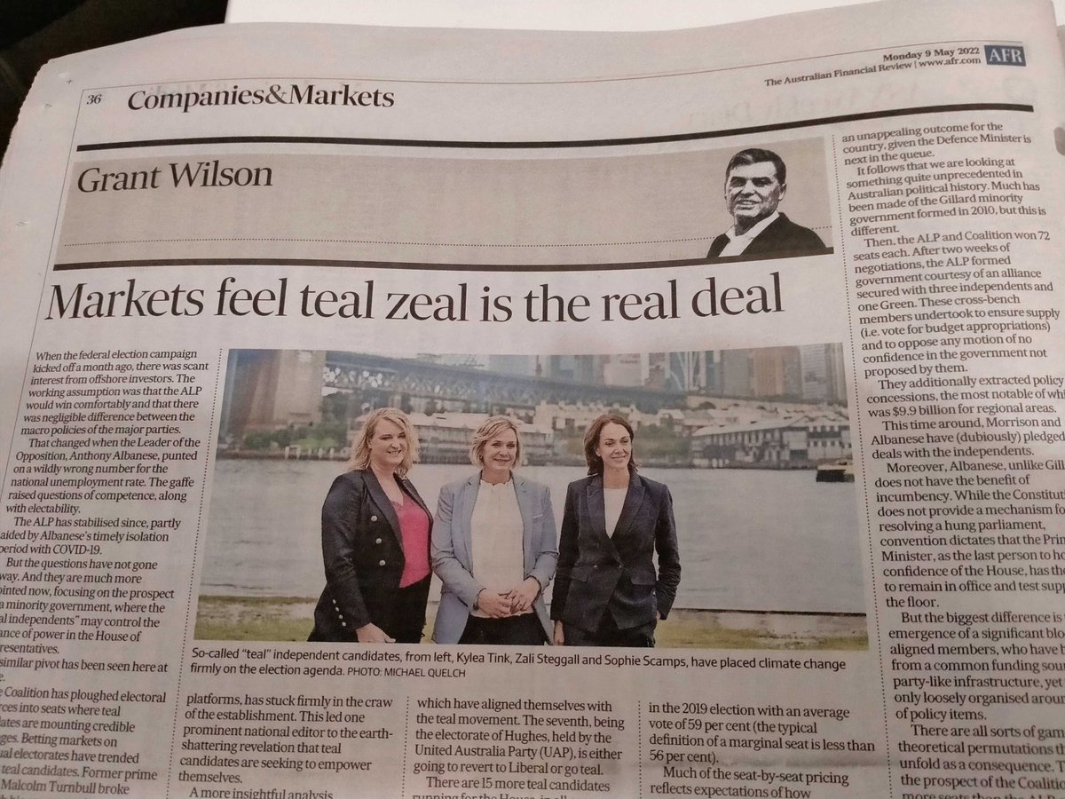 BrentHodgson's tweet photo. Seems markets are backing the “teal” independents.
(Pic from the AFR today.) https://t.co/lNzMPIepTA