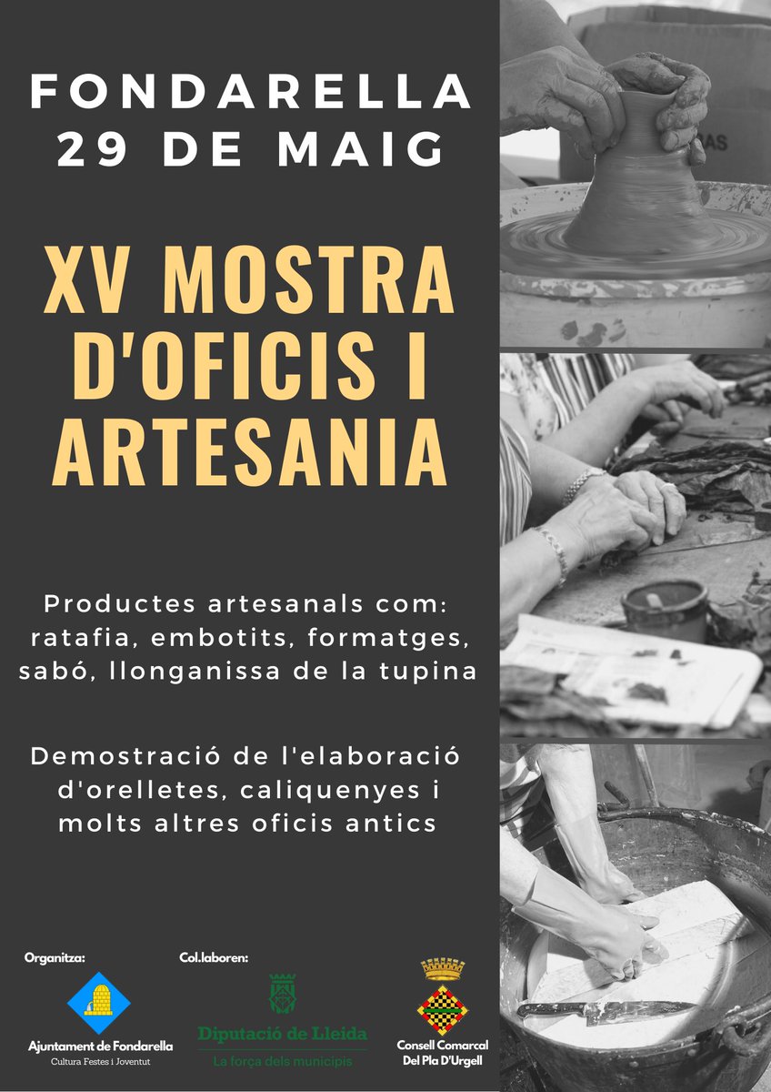 ajfondarella's tweet photo. El proper 29 de maig, torna la Mostra d'Oficis i Artesania de Fondarella, un referent de la memòria històrica del territori, que va néixer amb la voluntat de recuperar les arrels de la societat i la cultura popular.
Retrocedirem als orígens de les activitats rurals tradicionals. https://t.co/PeXlFHb2yT