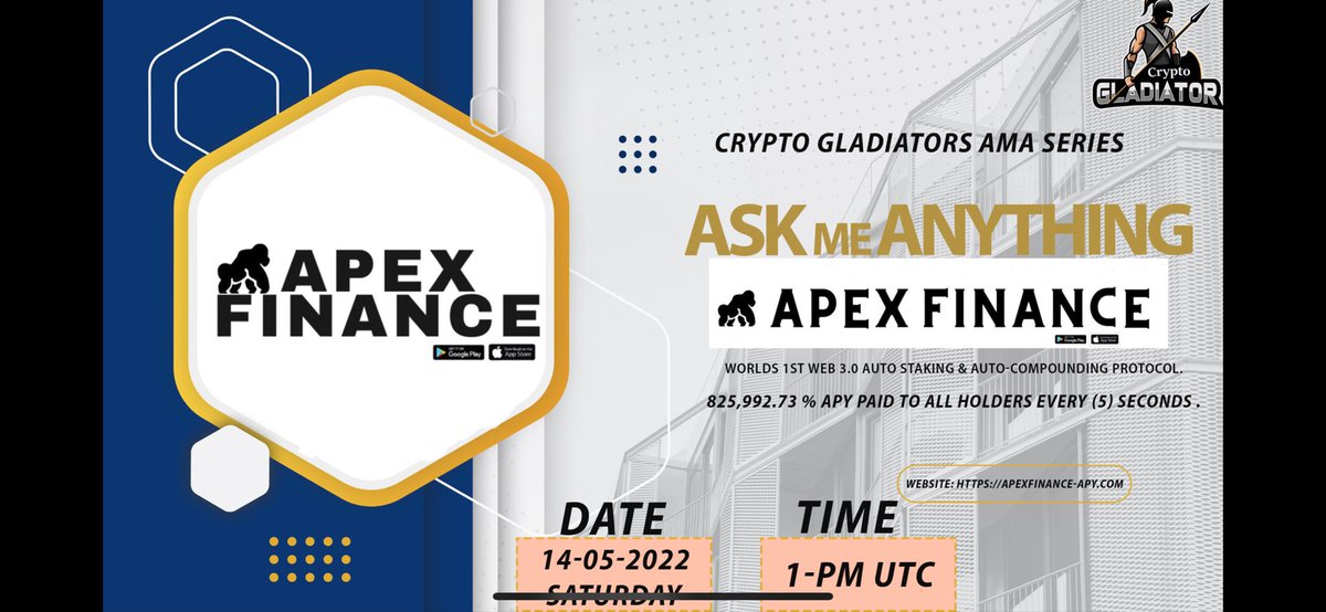 ApexFinance4's tweet photo. #ApexAmry We are Proud to announce our next #ama with @CryptoGladiato4 
🗓 5/14/2022
⏰ 1pm UTC 
💰 $50 https://t.co/Lb0tRDqw8D