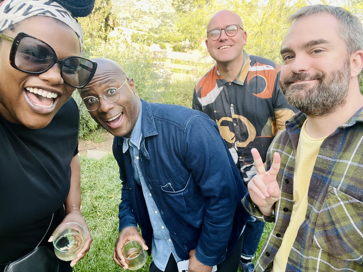 BarryJenkins's tweet photo. Backyard Mother’s Day/Birthday/BAFTA’s celebration — these four friends (and a fifth in the next pic!) went to film school together. 

TWENTY DAMN YEARS and we’re still doin’ it, still together 💜 https://t.co/mDBkyBS5Bs