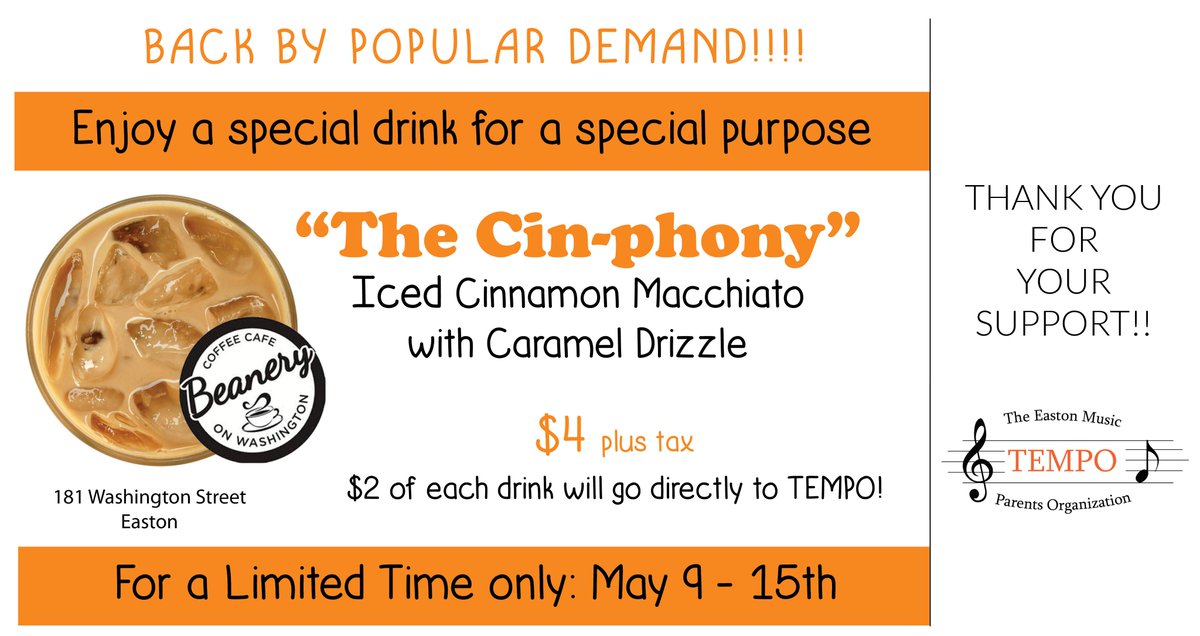 MusicEaston's tweet photo. It's back on Monday, May 9th! Enjoy a delicious iced cinnamon macchiato with a caramel drizzle at the @_The_Beanery! Don't miss out - it's only for one week and every purchase supports Easton Music! https://t.co/UEksqWaALj