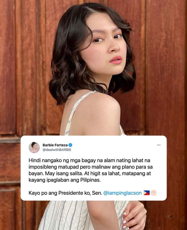 ricsimeon's tweet photo. ‘KAYO PO ANG PRESIDENTE KO, SEN. PING LACSON’

Actress Barbie Forteza aired her support for presidential bet Ping Lacson on Monday.

“May isang salita. At higit sa lahat, matapang at kayang ipaglaban ang Pilipinas. Kayo po ang Presidente ko, Sen. Ping Lacson,” Forteza said. https://t.co/g8pN90d9KS