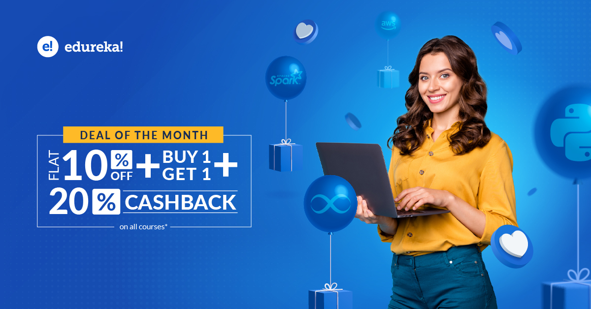 edurekaIN's tweet photo. We are bringing to you an exciting Deal of the Month Offer. Enjoy Flat 10% + Buy 1, Get 1 + 20% Cashback on all courses. Offer valid only on 9th and 10th May. Avail this amazing offer @ https://t.co/zBYJNOrVHt. Don’t Miss out !
.
.
#Learnwithedureka #Offerpost #Edtech #Elearning https://t.co/0Ob2cCafuK