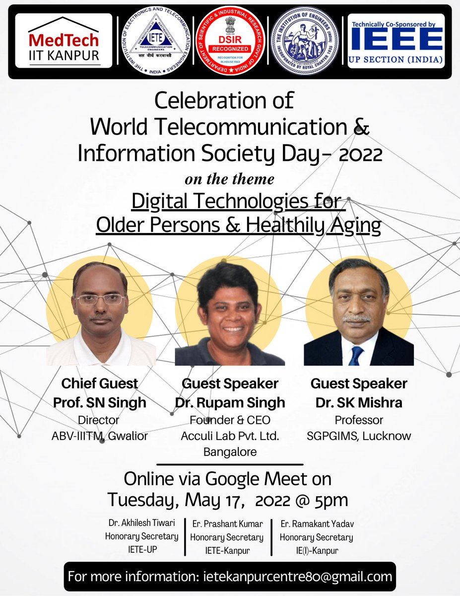 drjramkr's tweet photo. It gives me pleasure to share that we're organizing a session for celebrating World Telecommunication &amp; Information Society Day -2022 on Tuesday, May 17. We'll talk about how Digital Technologies are fruitful for elderly &amp; how they can impact wonderfully on their health 🏥👨‍⚕️👩‍⚕️ https://t.co/6Ymf4mXBjQ