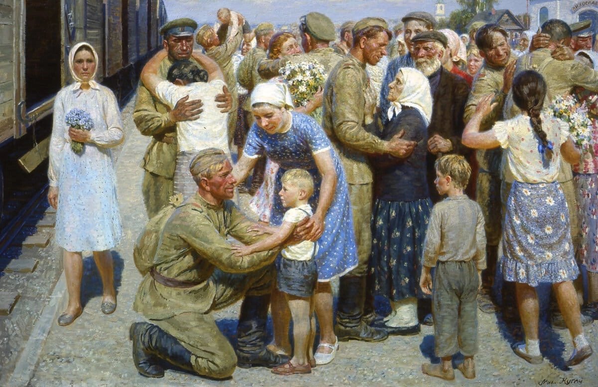 Поклонимся великим тем годам!
Тем славным командирам и бойцам,
И маршалам страны и рядовым,
Поклонимся и мёртвым и живым.
Всем тем, которых забывать нельзя
Поклонимся, поклонимся друзья!
Всем миром, всем народом, всей землёй
Поклонимся за тот великий бой!