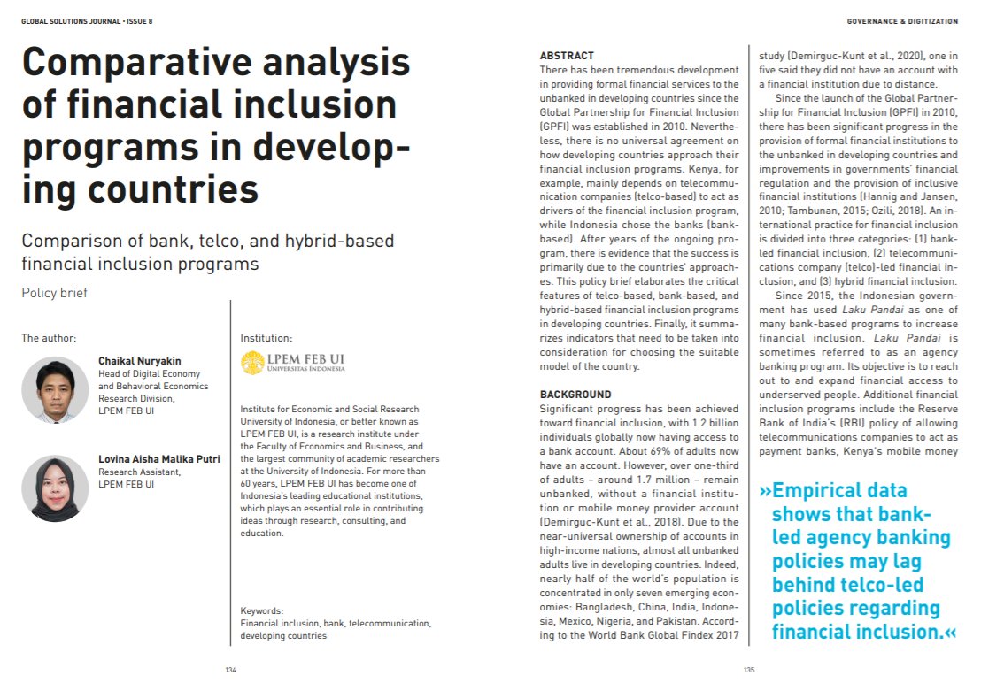 glob_solutions's tweet photo. What are the instruments of #FinancialInclusion and how does collaboration between #banks, #telcos, and third-party applications enable individuals to use #FinancialServices. More by Chaikal Nuryakin and Lovina Aisha, @LPEMFEBUI in the new #GSJournal: https://t.co/Qw0U4xANjH https://t.co/CZRdpb98yI