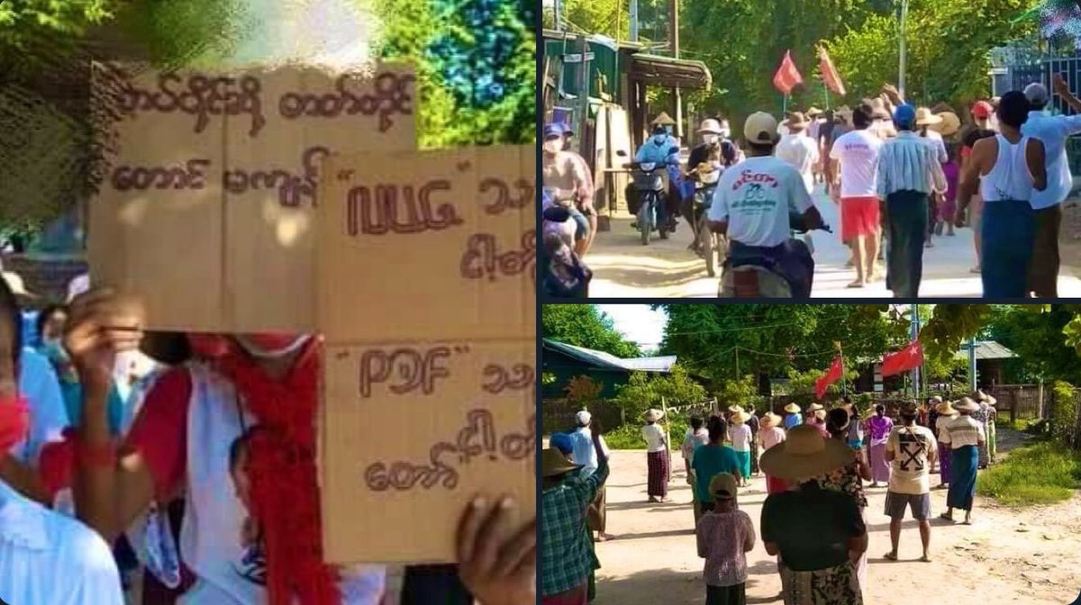 WuitMinn's tweet photo. Unrelenting people from Shwebo, Sagaing region, took a stride in marching as a strike to overthrow military dictatorship today, flying the flags high.   #2022May9Coup #US_SanctionMOGE #WhatsHappeningInMyanmar https://t.co/DaWJowLNNG