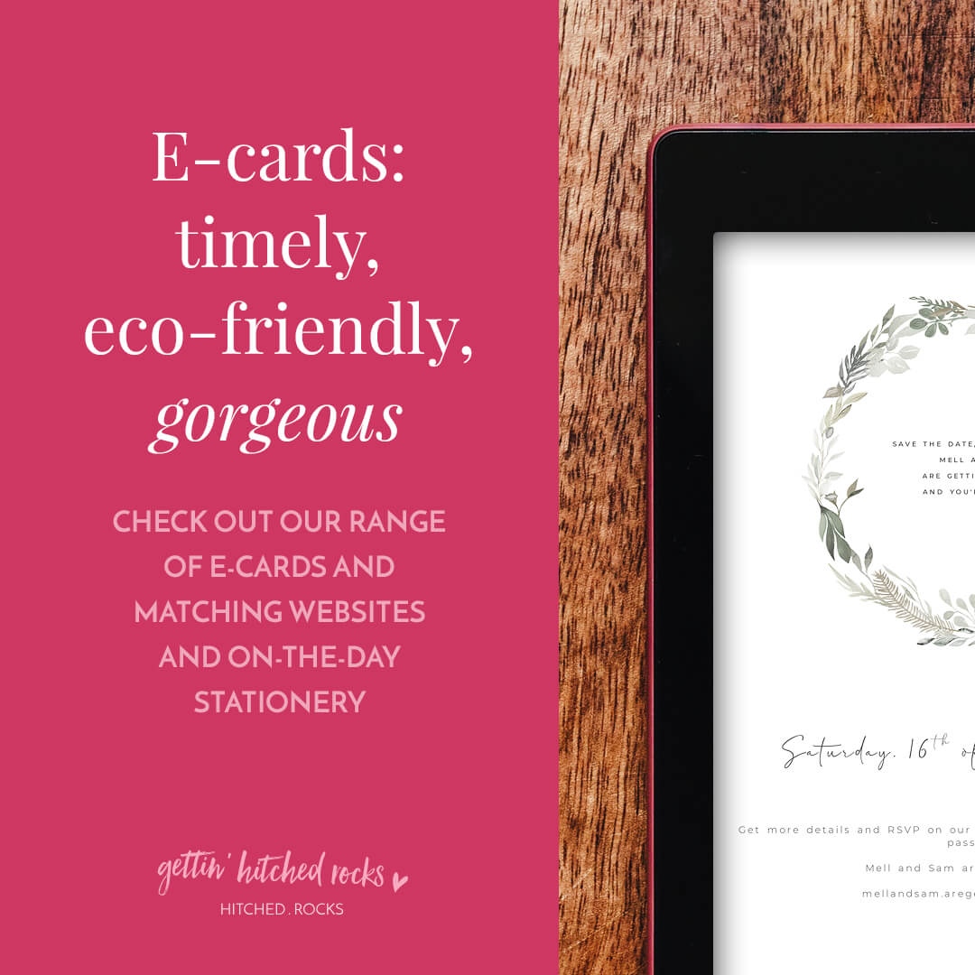 E-cards are an eco-friendly alternative to paper stationery which: a) have a much smaller environmental impact, b) have a much smaller budget impact, and c) still look stunning.

(Did I mention all of our wedding websites come with 50 matching e-cards as standard? 😘)
