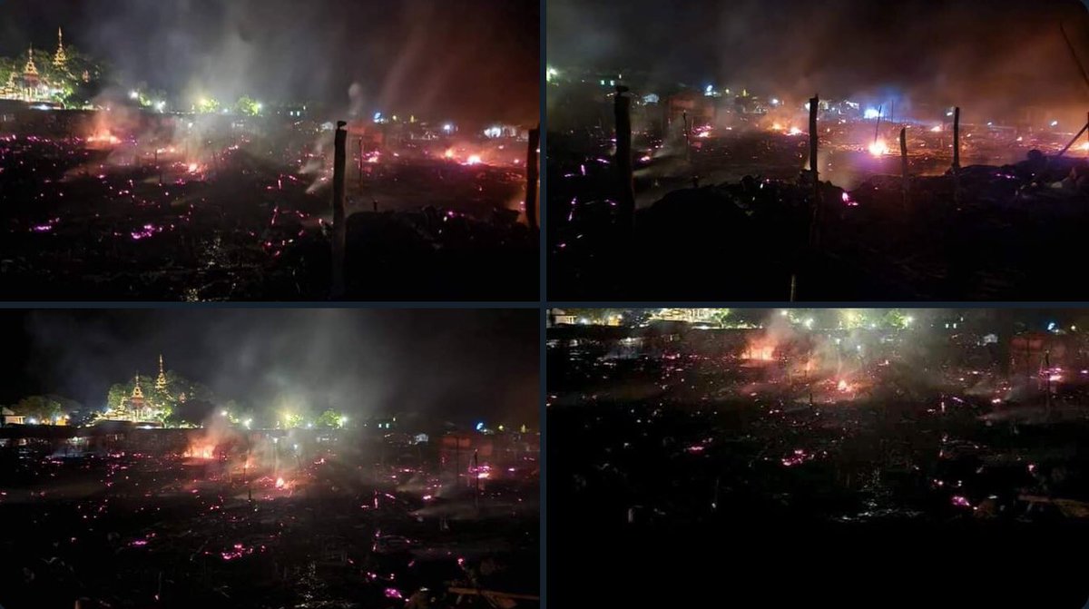WuitMinn's tweet photo. A fire broke out at Mahamuni IDPs camp near the Mahamuni Pagoda in Kyauktaw Township, Rakhine State on 9th May, burning more than 300 houses down to ashes. #2022May9Coup #US_SanctionMOGE #WhatsHappeningInMyanmar https://t.co/kbM5RVv4ga