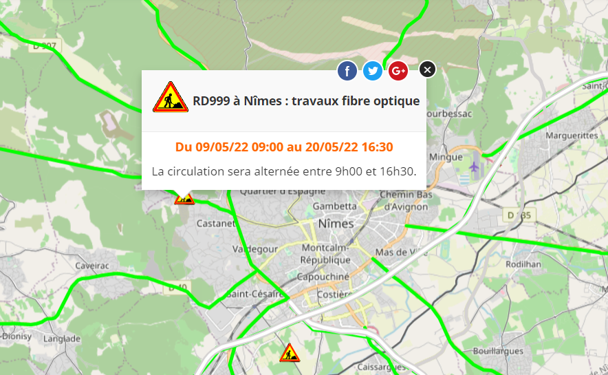 🚧Travaux routiers #Gard
ℹ inforoute.gard.fr &amp; <a href="/InfoRouteGard/">InfoRouteGard</a>
🔹Nîmes, RD999, travaux fibre optique, 9 au 20/05, circulation alternée
🔹Nîmes, RD613, élagage plantations, 9 au 13/05, circulation alternée
🔹Saint-Gilles, RD202, 9 au 13/05, déviation
#routesCD30 #travauxCD30