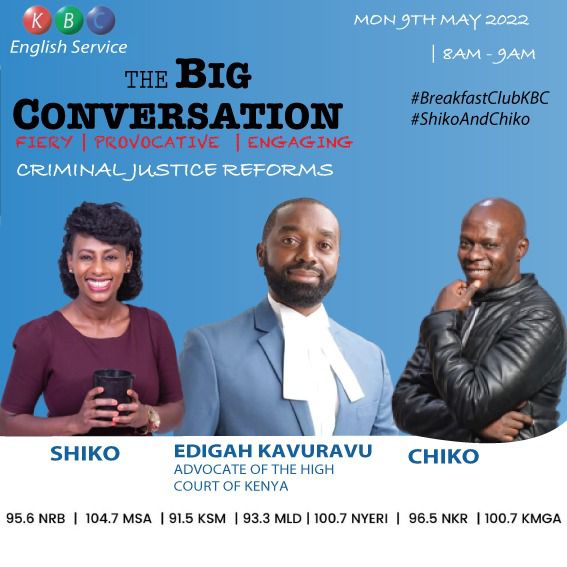Listen in to #ShikoAndChiko this morning as they speak to Mr. Edigah Kavuravu on the NCAJ & what’s in store for you at the 2nd NCAJ Conference on #Criminal Justice Reforms

@kbcenglish 
@justicedefends 

Also, don’t forget to register your participation: 👉🏾bit.ly/3MQ3TU6