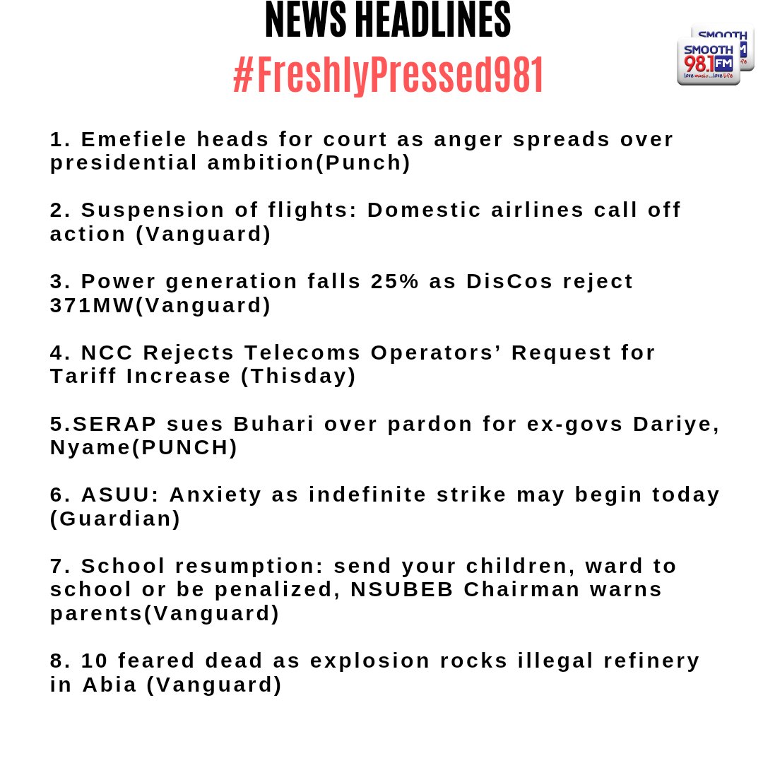 Join us this morning at 7:30am on #FreshlyPressed981 for in-depth analysis of these news stories.

Hosts; <a href="/SopeMartins/">Sope Martins</a> &amp; <a href="/VictaPepple/">UNCLE PEPPLE 📻</a> will be joined by guest analyst <a href="/monsieurceee/">C</a>
Be a part of the conversation.
WhatsApp: 08094440981