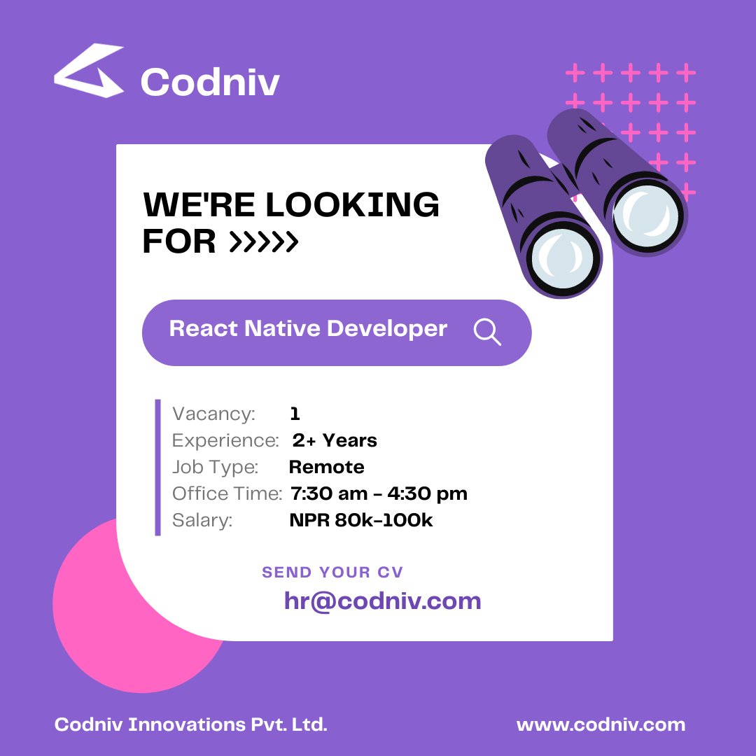 codniv's tweet photo. VACANCY VACANCY VACANCY !!!

Job Position: React Native Mobile Developer
No. of Vacancy: 1
Experience: 2+ Years
Job Type: Remote
Office Time: 7:30 am to 4:30 pm
Salary: NPR 80K - 100K

Apply Before 12th May 2022
Send your resume at hr@codniv.com https://t.co/xLrYSBdTny