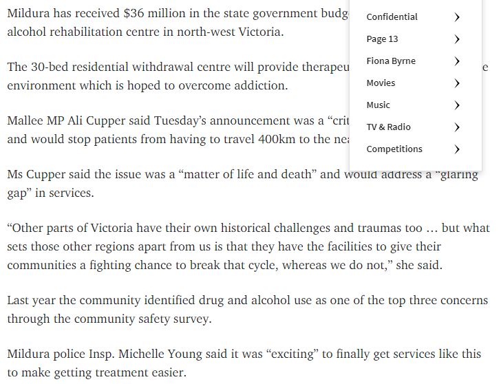 PatrickLawr's tweet photo. If cash must be splashed then to do so for a $35M drug treatment facility at Mildura hospital seems an excellent use.  When I reflect on challenges of the AOD sector, it's important to remember that it's much tougher in the regions:https://t.co/s6ecrR6bjk https://t.co/QlVkc2FeFE