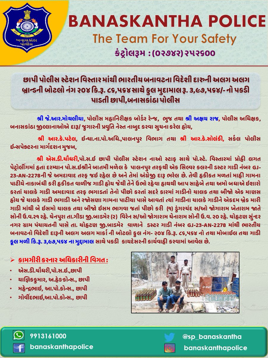 SP_Banaskantha's tweet photo. છાપી પોલીસ સ્ટેશન વિસ્તાર માંથી ભારતીય બનાવટના વિદેશી દારુની અલગ અલગ બ્રાન્ડની બોટલો નંગ ૨૦૪ કિ.રૂ. ૮૬,૫૬૪ સાથે કુલ મુદામાલ રૂ. ૩,૯૭,૫૬૪ નો પકડી પાડતી છાપી,બનાસકાંઠા પોલીસ. @GujaratPolice @dgpgujarat @sanghaviharsh @Bhupendrapbjp #BanaskanthaPolice #illegalliquor #Chhapi https://t.co/ei1fsxgtxh
