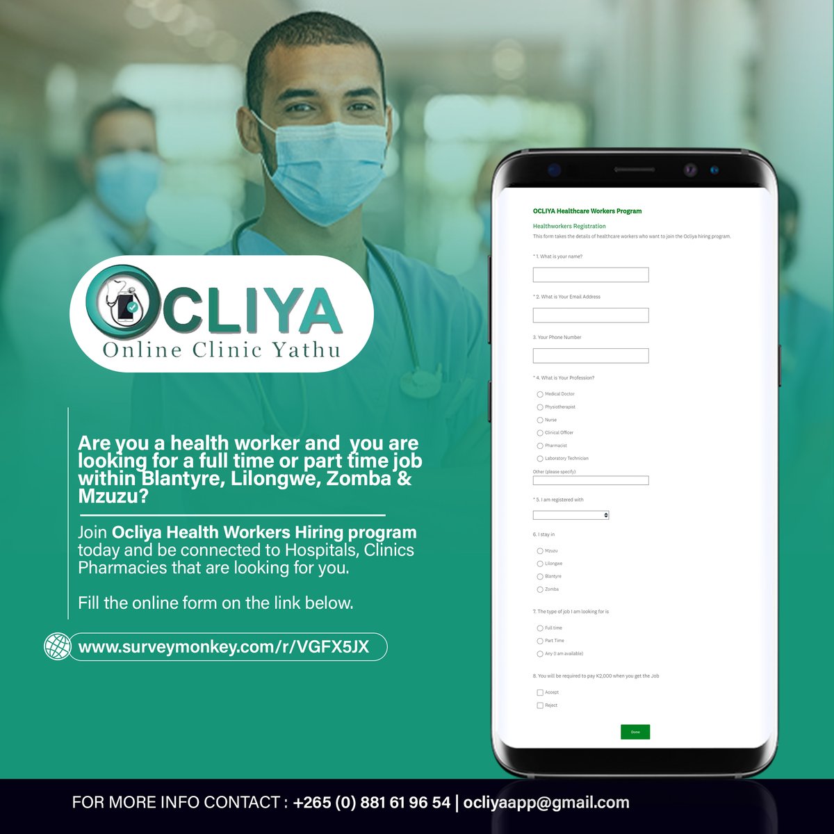 EmmanuelChatina's tweet photo. Are you a healthcare worker looking for a full time or part time job?
Get connected to hospitals, clinics and pharmacies by joining the @ocliya's hiring program.
Fill the form using this link https://t.co/KZD9LOBgO4
All the best!
#Ocliya
#healthcareworkers
#jobs https://t.co/kApZMpbAzJ