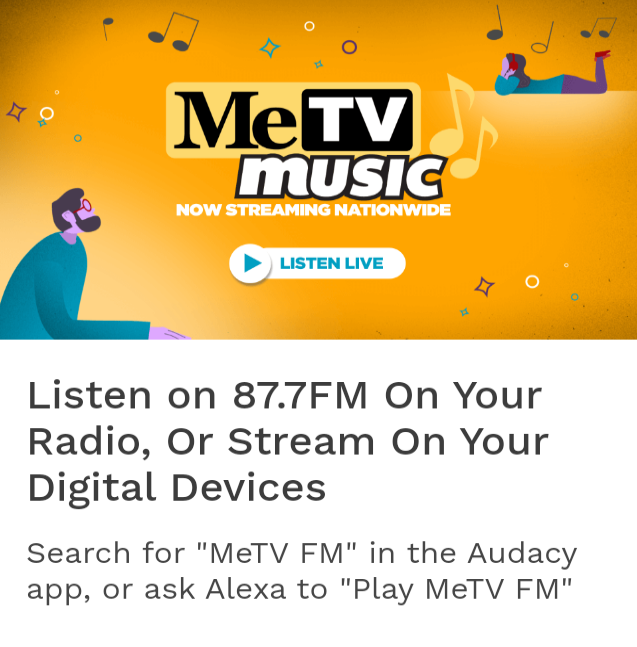VenusInMomJeans's tweet photo. Listen:
87.7FM @MeTVFM features:
#GetMovingWithMe-7am-8am weekdays
87 minutes of music-9am weekdays
#ClassicTVThemeSong-11:15am & 7:15pm weekdays
#OneHitWonder at 1 (1pm daily)
#BackToBackSnack-3pm daily
#YachtRockSaturdayNight-6pm-9pm
#DanceWithMe Saturday nights 9pm-1am https://t.co/HwyfZLRUy0