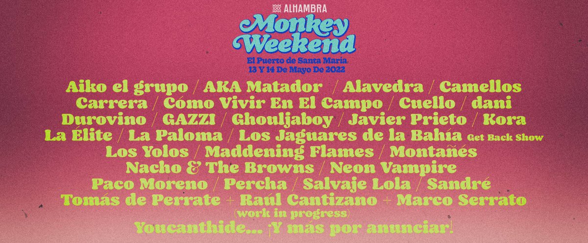 TurismoElPuerto's tweet photo. Éste fin de semana se celebra en #ElPuerto el #MonkeyWeekend @Monkeyweek, 13 y 14 de Mayo disfruta de buena música y nuevos talentos 👩🎤🧑🎤🎷🎸🎤
🗓 Horarios, ubicación de escenarios y + info del festival 👉 https://t.co/x2sZSIrUwr
#LoBienQueSuenaElPuerto #AlhambraMonkeyWeekend https://t.co/z8e8dIxbgU