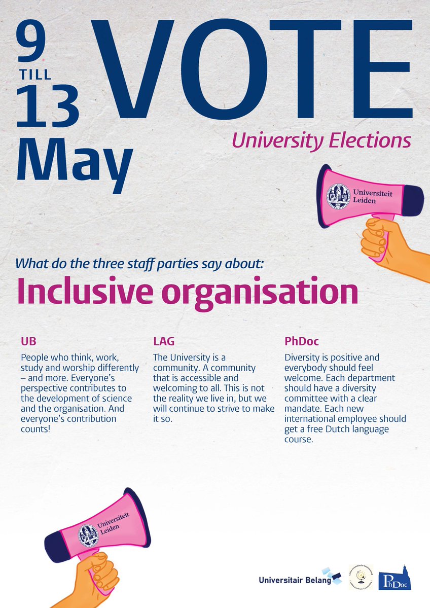 The election week of @UniLeiden has officially started! Check out the statements from the staff parties @LAG_Leiden, @PhDocUniv and @UnivBelang on a few important themes. And don't forget to vote via universiteitleiden.nl/vote.