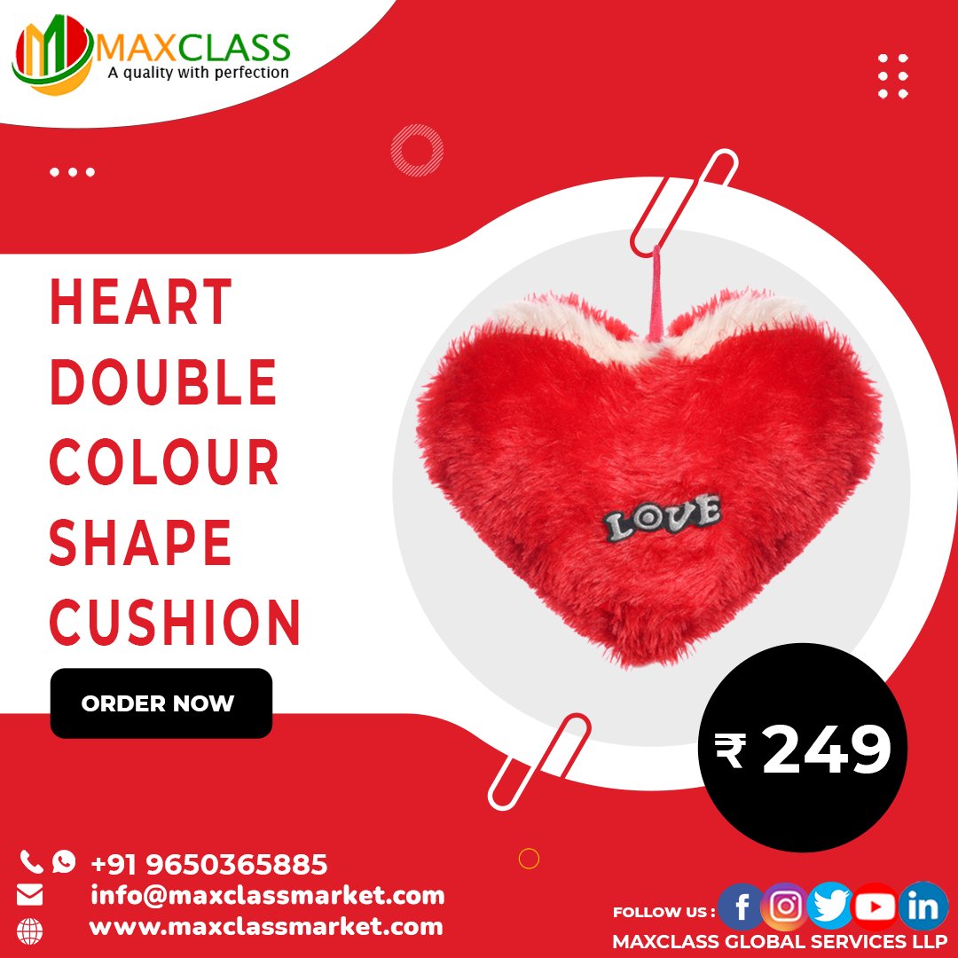 maxclasservices's tweet photo. MAXCLASS HEART DOUBLE COLOUR SHAPE CUSHION | Light Weight | soft and easy to carry | Attractive | Colorful vibrant looks | Gift this Soft | Home decoration | Perfect Gift
SHOP NOW : https://t.co/ceuflSgB3T
+91 9650365885
#redcushion #teddy #maxclass #teddybear #redheartcushion https://t.co/MNBslHzx6A