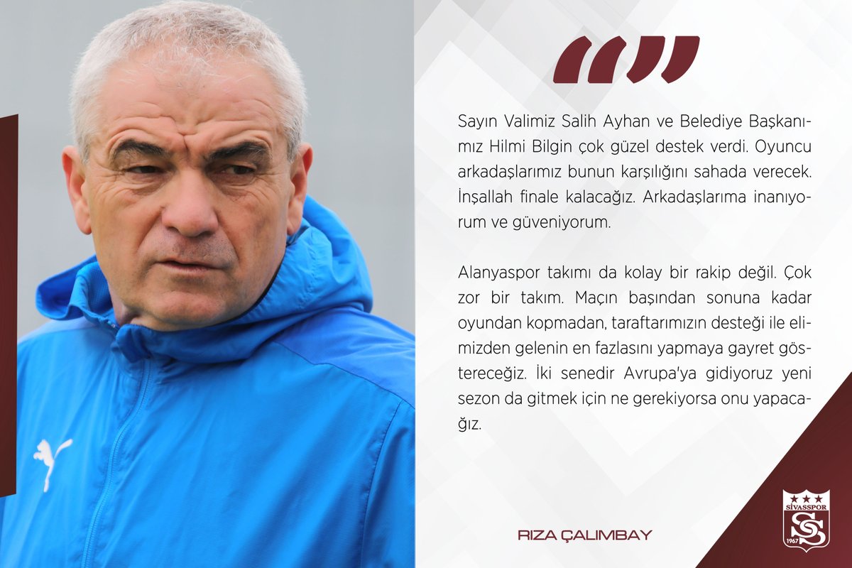 Sivasspor's tweet photo. Teknik Direktörümüz @RCALIMBAY: "Alanyaspor ile tarihi bir maç oynayacağız. Taraftarın olması bambaşka bir şey. Taraftar 12'nci adam değil 1'inci adamdır. Taraftar olmazsa oyuncu motive olmaz." dedi.

Detaylar 👉 https://t.co/HTKqyIiTGY https://t.co/PNL53kc6cU