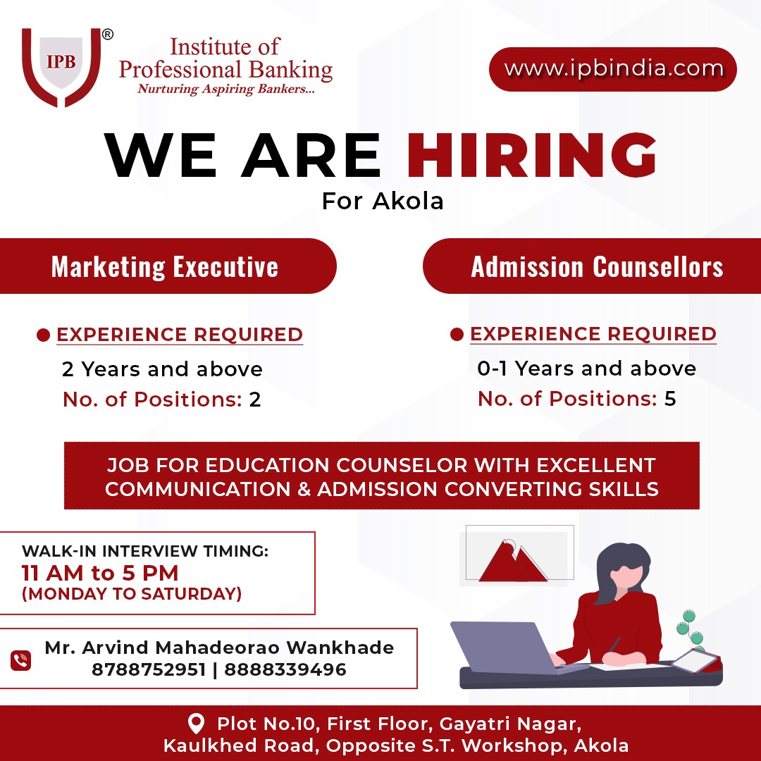 ipb_akola's tweet photo. Good morning everyone !!
We are hiring !!
Contact for more details :
+91 8788752951
#ipbakola #PGCRB #ipbproud #besttraininginstitute #BankingtrainingProgram #career #success #opportunity #job https://t.co/aMmPQl7NP9