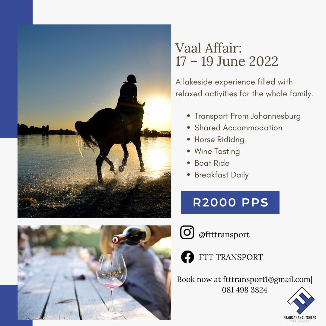 MphoSekat's tweet photo. Let's go to Vaal for an awesome weekend 🙌🏽👌🏽 plus it's on my birthday month 😁 for only R2000 for the whole trip, including transportation, breakfast, accommodation, horse riding, wine tasting.
Book now and not be left out
Contact Ftttransport1@gmail.com or call 0814983824 https://t.co/jII9rYcJWx
