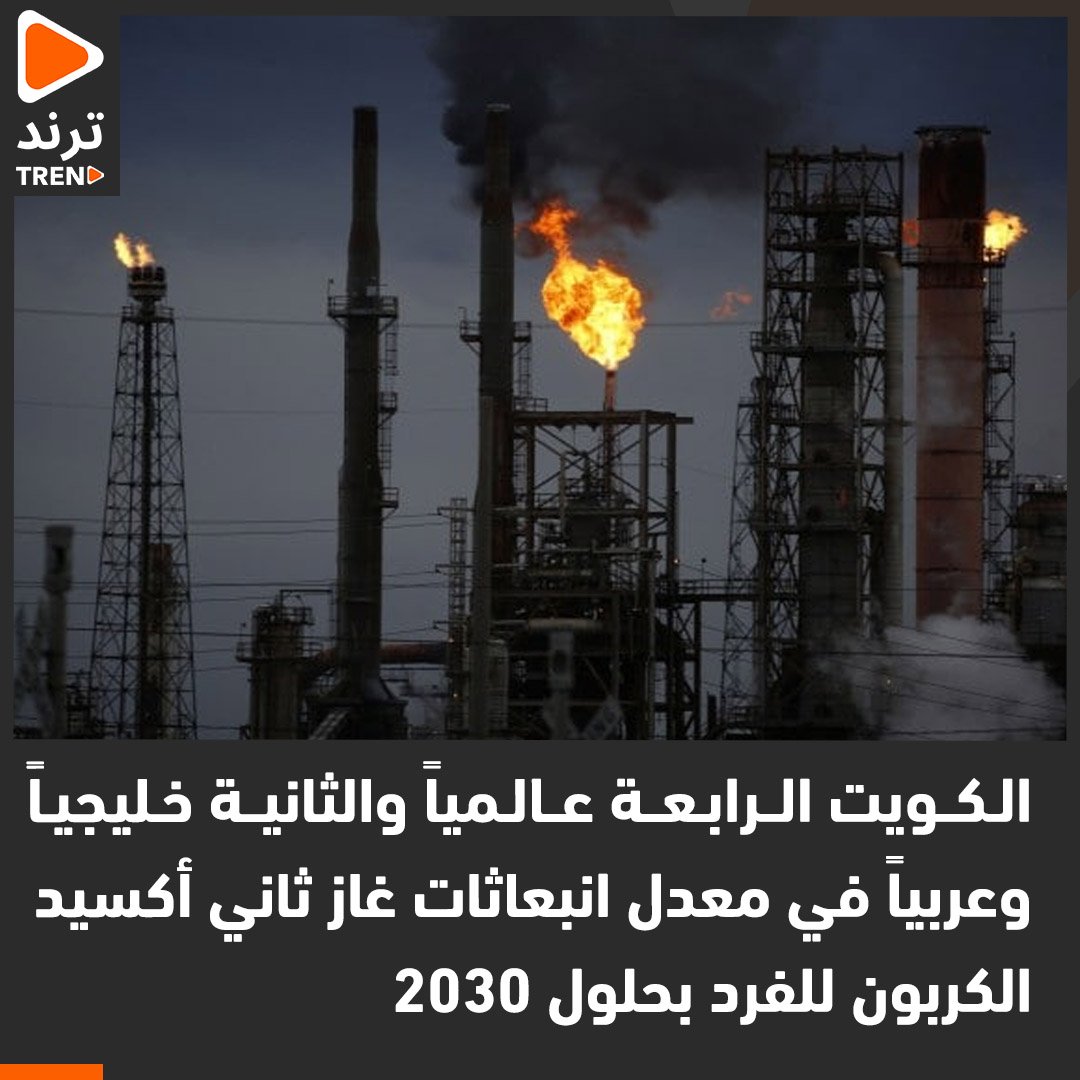 Trendntwork_kw's tweet photo. الكويت الرابعة عالمياً والثانية خليجياً وعربياً في معدل انبعاثات غاز ثاني أكسيد الكربون للفرد بحلول 2030 https://t.co/2FXPcrpwr1