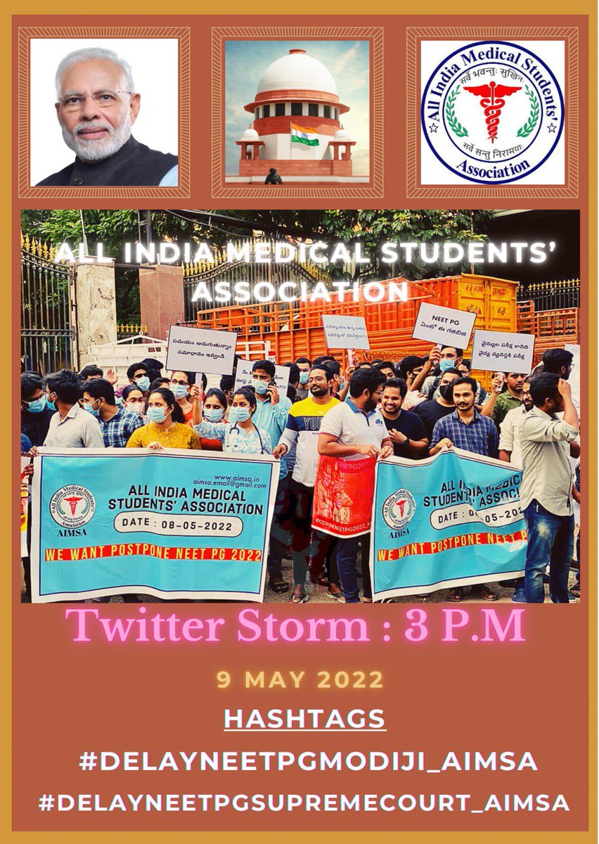 official_aimsa's tweet photo. INVIEW OF SC HEARING SOONER  REQUEST MEDICOS TO PARTICIPATE IN TWITTER STORM USING #DELAYNEETPGMODIJI_AIMSA #DELAYNEETPGSUPREMECOURT_AIMSA . FIGHT UNTIL ITS DONE. LET OUR VOICES BE HEARD @PMOIndia @narendramodi @official_aimsa @mansukhmandviya @MoHFW_INDIA @NMC_IND @LiveLawIndia https://t.co/Jvnl8I66P4