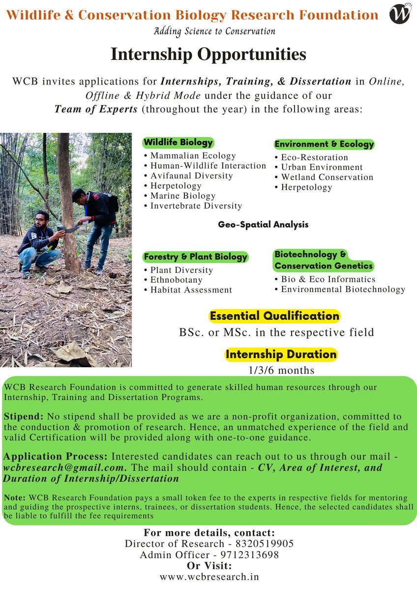 WCB Research Foundation is inviting applications for #internships2022 #Dissertation or #Project work in the field of Wildlife Conservation. 
Visit our Website, or write to us at wcbresearch@gmail.com

#summerinternships #wildlife #conservation #ImproveMoreLives