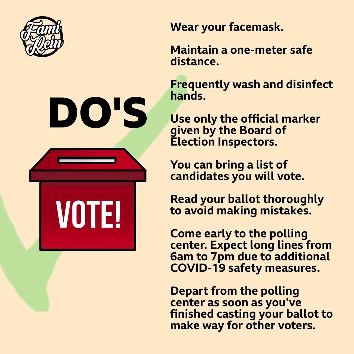 Famirein's tweet photo. Fam! Here are some of the important reminders for a nice, smooth, and safe voting this pandemic season. #VotePH #Halalan2022 #Eleksyon2022  #BilangPilipino2022 https://t.co/VPpg61O11K