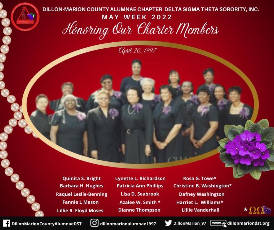 Day 1- May Week 2022: Honoring our Charter Members 
Learn about our chapter's history at dillonmarioncodst.org/history

#DillonMarionCountyAlumnae