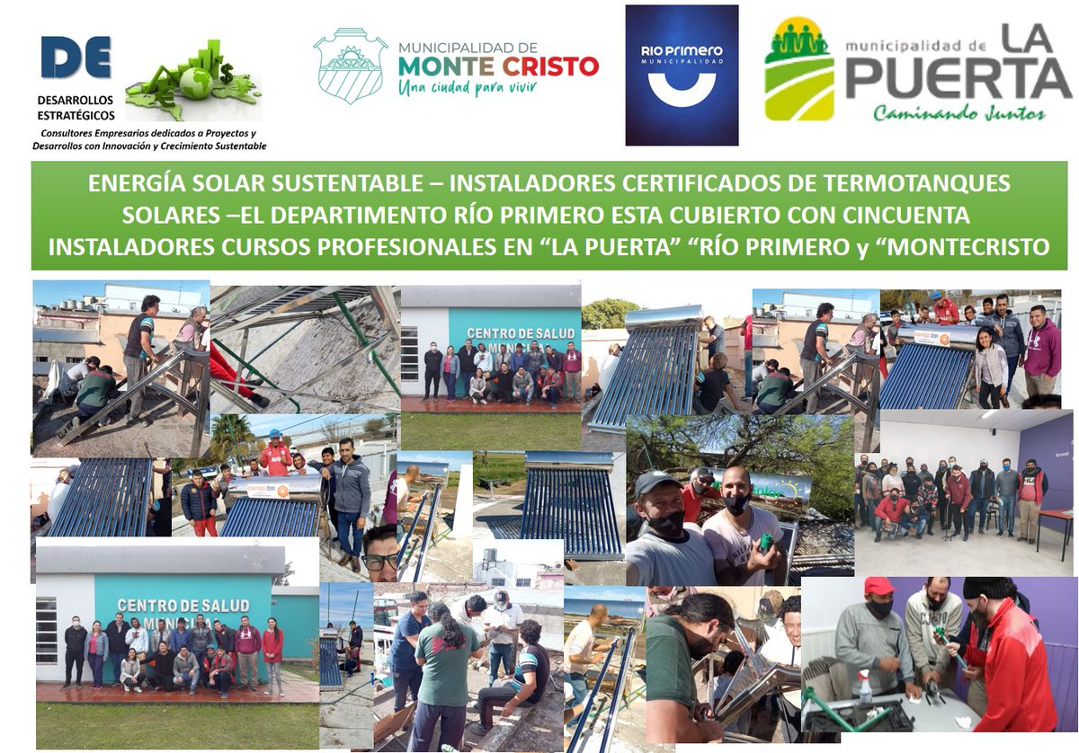 DeCasad's tweet photo. #EnergíaSolarSustentable Somos Orgullosos de haber dictado los Cursos de Instaladores de Termotanques Solares en el Departamento Río Primero, 50 Instaladores FELICITACIONES . "La Puerta" "Río Primero" y "Montecristo" https://t.co/uXKVEah1p5