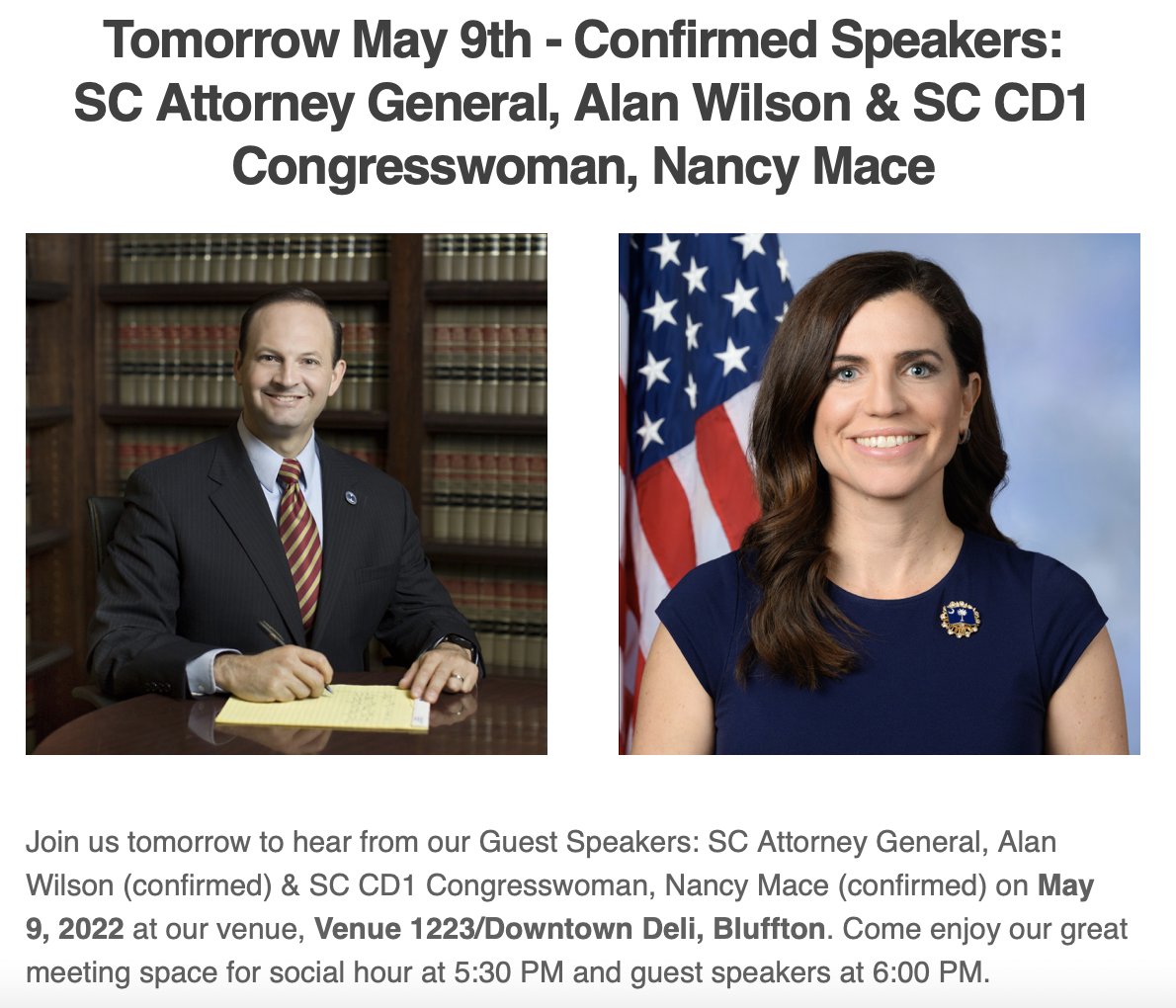blufftongop's tweet photo. 🇺🇸Come out tomorrow to hear from SC Attorney General @AGAlanWilson (CONFIRMED) &amp; SC CD1 Rep. @RepNancyMace (CONFIRMED). 
→5:30 PM @ Venue 1223/Downtown Deli, Bluffton🐘

https://t.co/jjJDOLjiUE
#GOP #SCGOP #GBRC https://t.co/tj2Fh3amnn