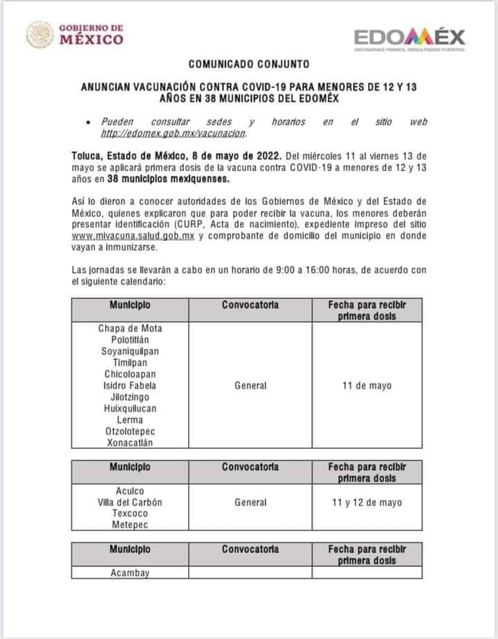 EdomexRed's tweet photo. Anuncian #fechas para #vacunación de #menores de 12 y 13 #años de edad en diversos #municipios del Estado de #México.

#Naucalpan #Tlalnepantla https://t.co/F3Ak66l26l