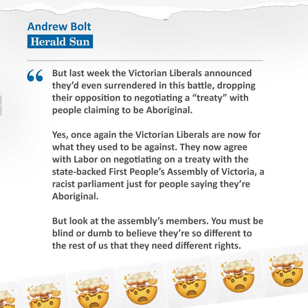 firstpeoplesvic's tweet photo. You know you're on the right side of history when Andrew Bolt is trying to tear you down 😂  It won't work, Andrew. We have 60,000 + years of survival and resilience from way worse than your keyboard antics.  Treaty, yeah.  Treaty, now.   👊🏽🖤💛❤️ https://t.co/h44TtxWLTD