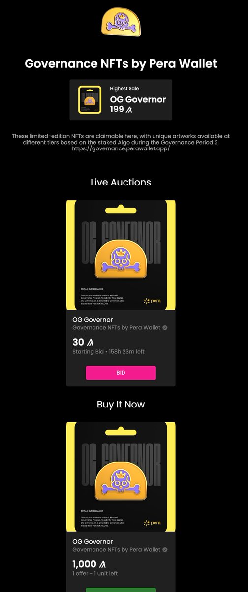 ALGOxNFT's tweet photo. New collection added! 

Governance NFTs by @PeraAlgoWallet 

https://t.co/xkn4BESAQR

#algorandgovernance #algonfts https://t.co/sxQIvRJOqn