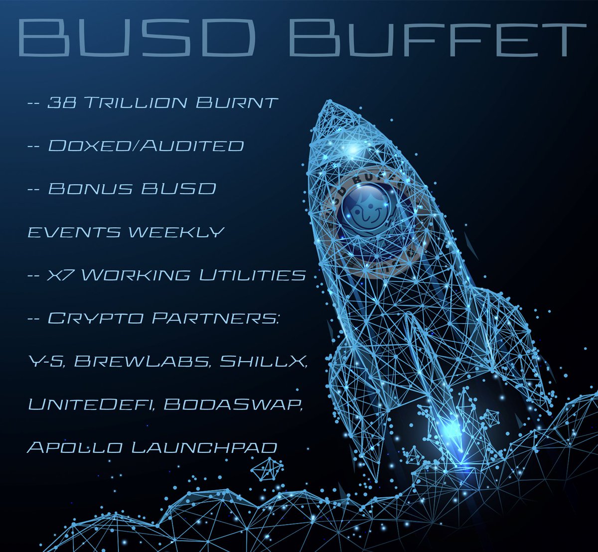 BUSDBuffet's tweet photo. Who doesn't love a good Rocket picture. #BUSDBuffet is out shaking the tree of normal crypto. We are apart of a movement to make crypto better. 

Are you tired of the same old same in #DeFi &amp; want a stable project? Come on over.

https://t.co/JrQK4brVGN https://t.co/Fu1vuxJcOs