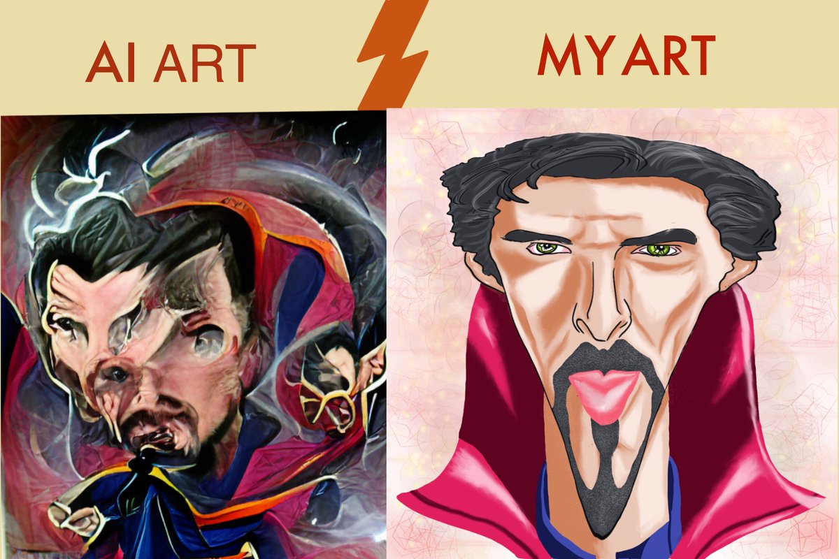 BeastHodgepodge's tweet photo. AI ART  V/S MY ART!
Pick Your Winner and Drop your comments below! ;)

My First Attempt at AI Art Generation using
https://t.co/dThGiv33L9 The output is super weird :P
Vs 
My Attempt at Caricature Art!

#DoctorStrange #MultiversOfMadness #CaricatureArt https://t.co/T7rrskdm6f