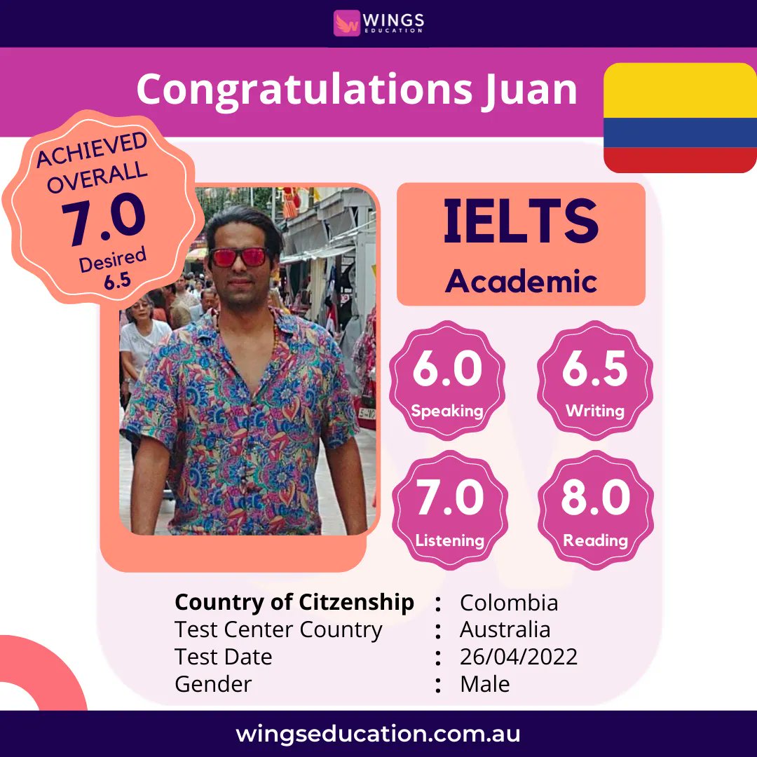 wingseduau's tweet photo. Our student Juan recently obtained 7.0 on the IELTS exam! Congratulations for such a fantastic score. Thank you for choosing Wings Education. We wish you the best of luck in your future! #ielts #studyabroad #ieltspreparation #colombian #wingseducation https://t.co/rD6B4MUu88