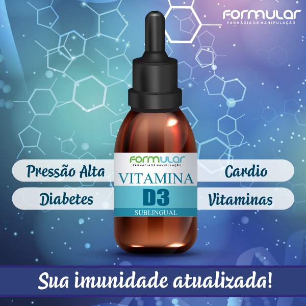 Vitamina D3
Benefícios da Vitamina D3:
Prevenção e tratamento da carência de vitamina D3; 
Promove a absorção de cálcio pelo trato intestinal; 
Fortalece o sistema imunológico; 
Fortalecimento de ossos e dentes; 
Melhora da saúde cardiovascular; 
Fortalecimento muscular.