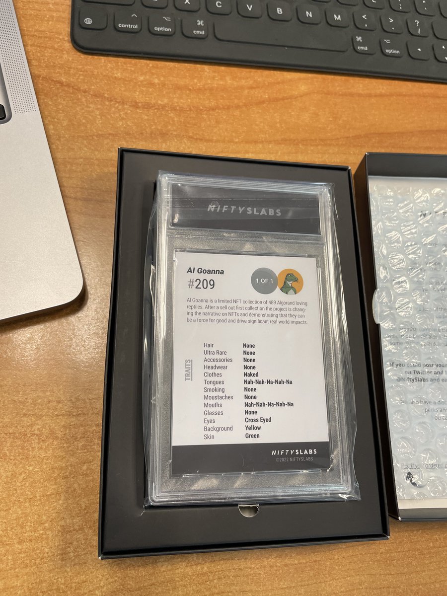 DopeCats_Artist's tweet photo. Just got my @al_goanna @NiftySlabs !!!
Hyped! 
#AlgoNFT 
#Algorand https://t.co/dxjxepAG95