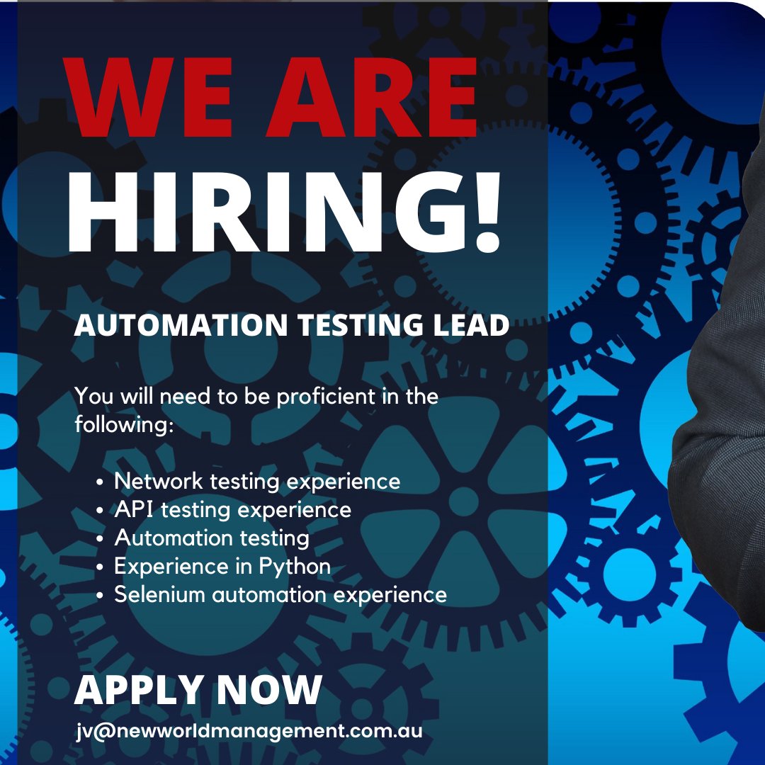nwmfindajob's tweet photo. We are looking for Automation Testing Lead | Melbourne/Sydney Based

To know more about the job, click the link below:
https://t.co/60SUUx7UHn

#automationtesting #automation #QAAutomation #automationtestinglead #sydneyjobs #sydneycareer #melbournejobs #melbournecareer #nwm https://t.co/RgR33VFA65