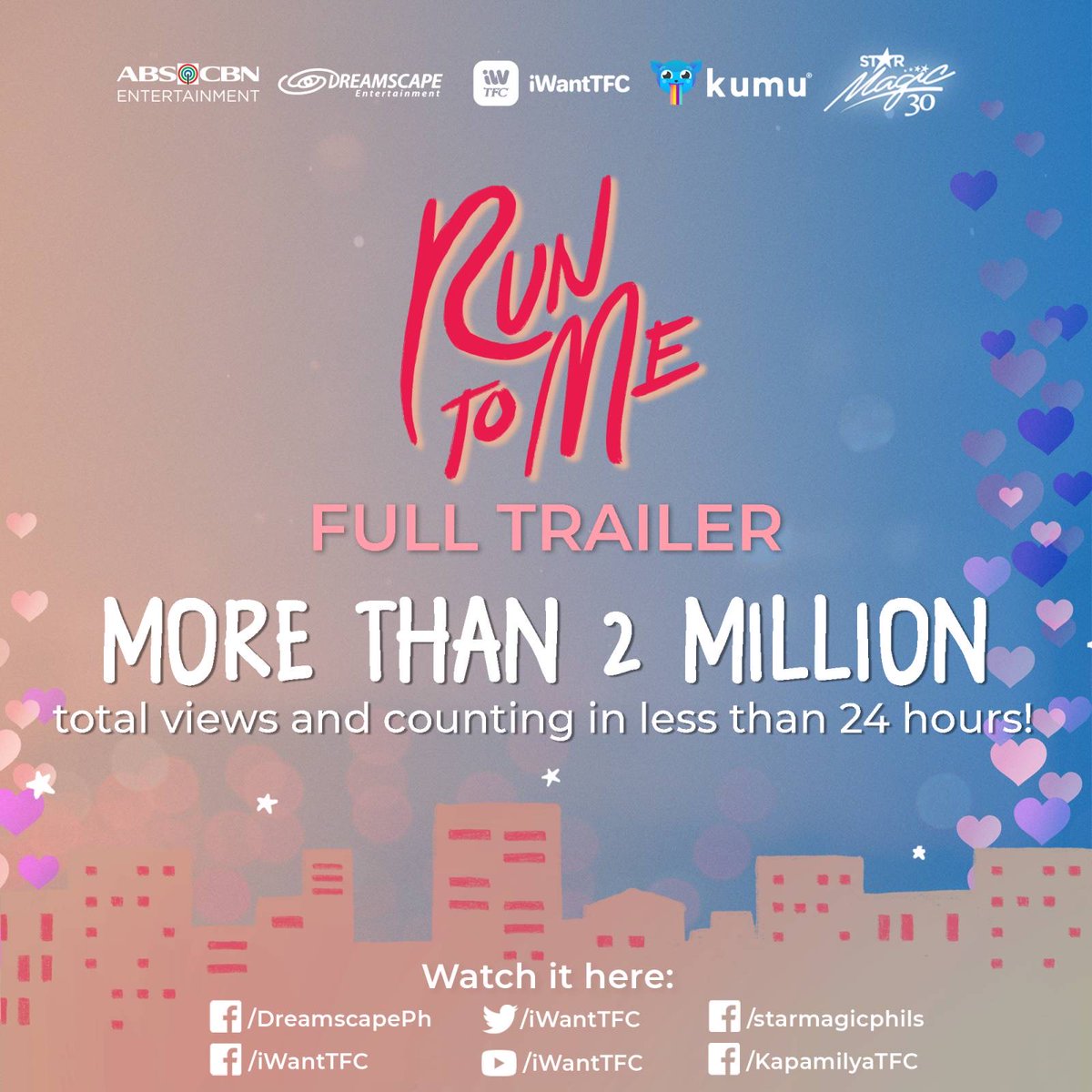ABSCBNpr's tweet photo. The #KDLex supremacy, you guys! 

Run to Me full trailer reached MORE THAN 2 MILLION total views and counting in LESS THAN 24 HOURS! 

Watch it on different Kapamilya social media accounts, at i-share ang kilig!

#KDLexRunToMe https://t.co/reye0C1bi6