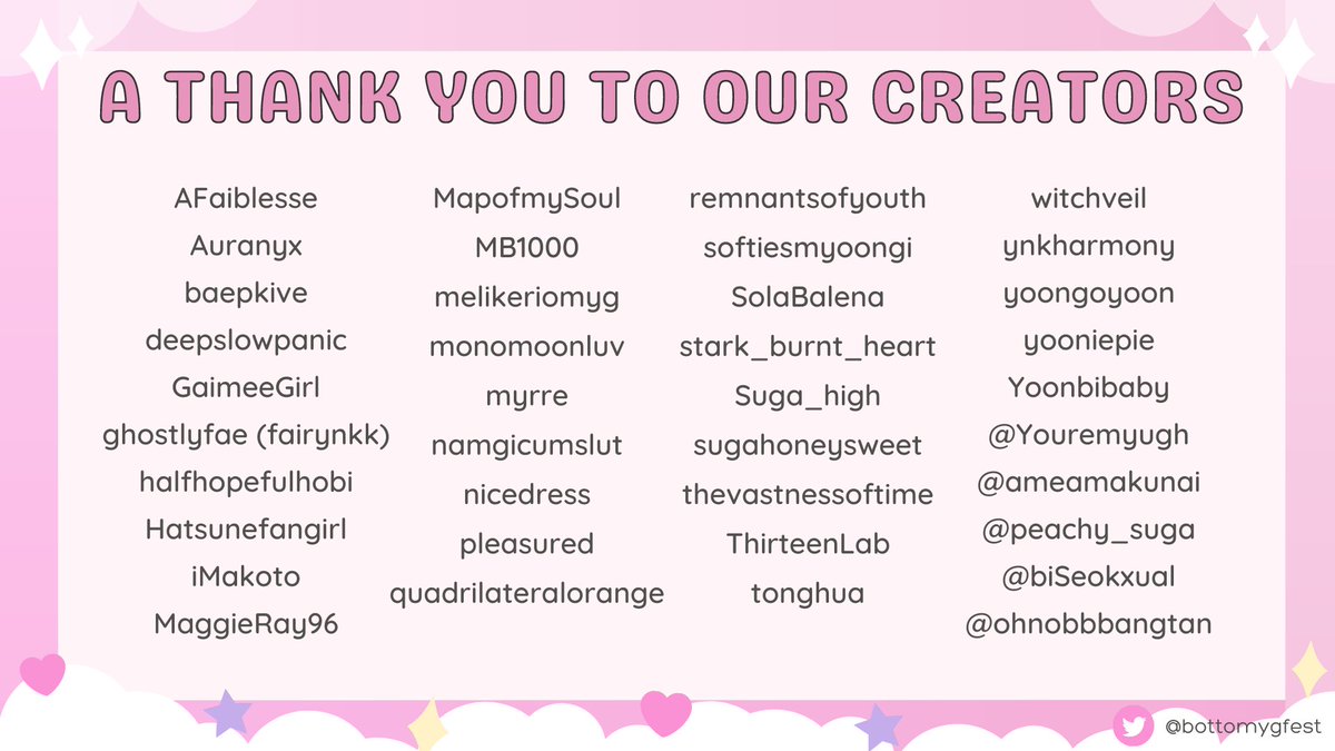 bottomygfest's tweet photo. As Bottom Yoongi Fest has come to an end, we'd like to say thank you to our incredibly talented creators. Please make sure to show them your support as without them, BYF wouldn't be what it is today 💌 https://t.co/ZuaLYjb50A