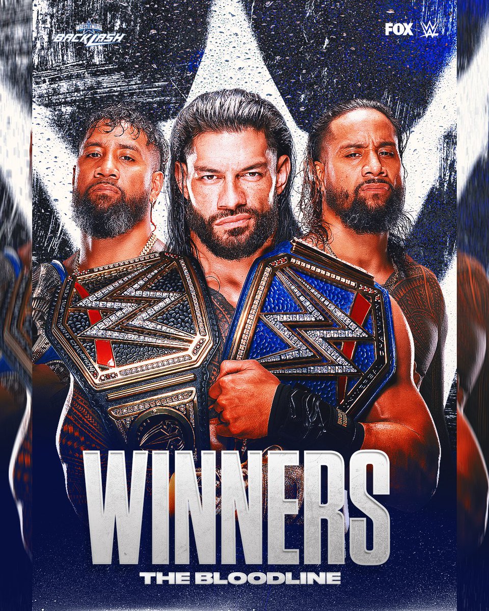 WWEonFOX's tweet photo. THE BLOODLINE WINS!🩸#WMBacklash https://t.co/eR8ypfQEte