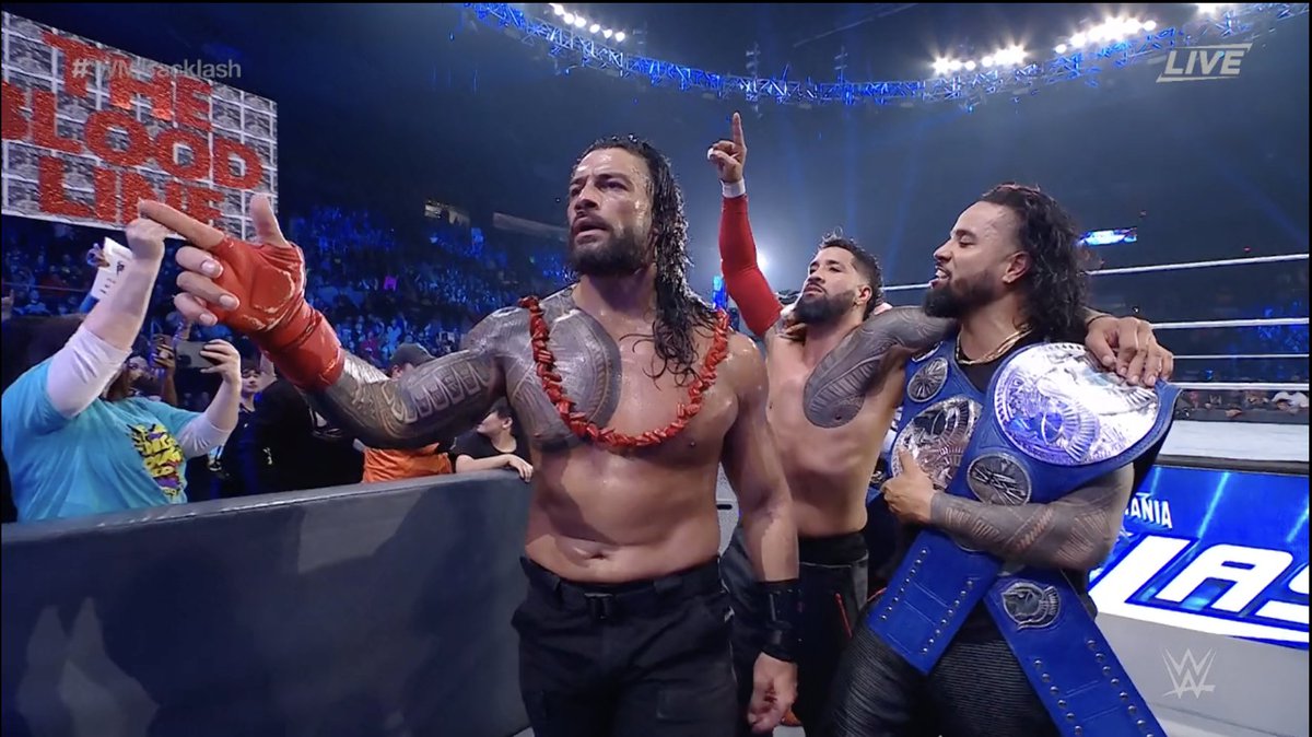 WWEAustralia's tweet photo. WINNERS! ☝️

@WWERomanReigns &amp; #TheBloodline stand tall!

#WMBacklash @WWEUsos https://t.co/nLomktEWEu