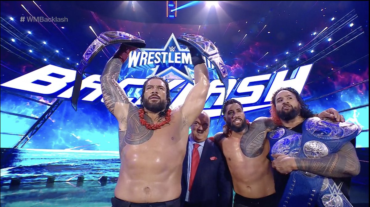 WWENZ's tweet photo. WINNERS! ☝️

@WWERomanReigns &amp; #TheBloodline stand tall!

#WMBacklash @WWEUsos @HeymanHustle https://t.co/A5jLWvjnYj