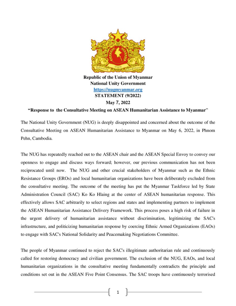 moe_rainyy's tweet photo. @NUGMyanmar's STATEMENT (9/2022) May 7, 2022  “Response to the Consultative Meeting on @ASEAN Humanitarian Assistance to #Myanmar 🇲🇲”  #2022May9Coup #US_SanctionMOGE #WhatsHappeningInMyanmar https://t.co/wz13bCgNA9
